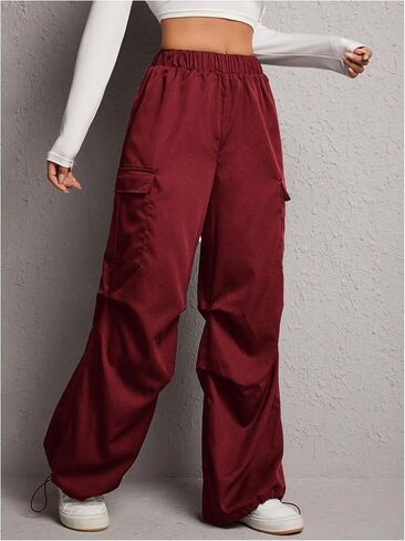 Women's Elastic High Waisted Cargo Pants Y2K Baggy Wide Leg Drawstring Parachute Sweatpants with Pockets in Saudi Arabia
