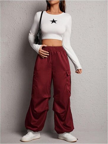 Women's Elastic High Waisted Cargo Pants Y2K Baggy Wide Leg Drawstring Parachute Sweatpants with Pockets in Saudi Arabia