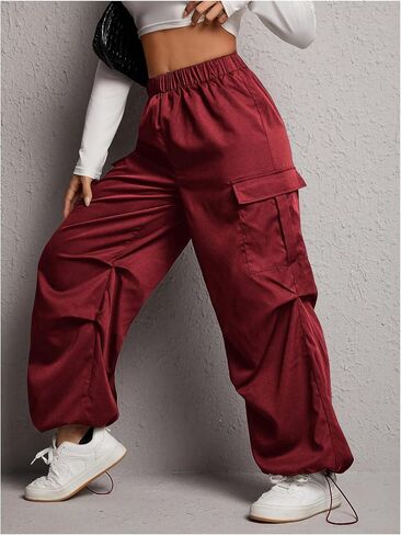 Women's Elastic High Waisted Cargo Pants Y2K Baggy Wide Leg Drawstring Parachute Sweatpants with Pockets in Saudi Arabia
