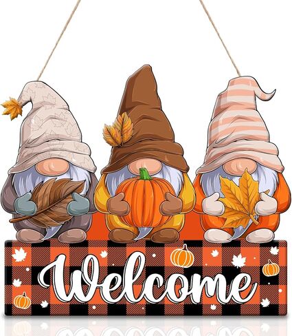 AnyDesign Fall Welcome Door Sign Decor Autumn Gnomes Hanging Sign Plaid Pumpkin Maple Leaves Wooden Signs Rustic Decorative Wall Plaque for Thanksgiving Harvest Front Door Yard Farmhouse Home Decor in Saudi Arabia