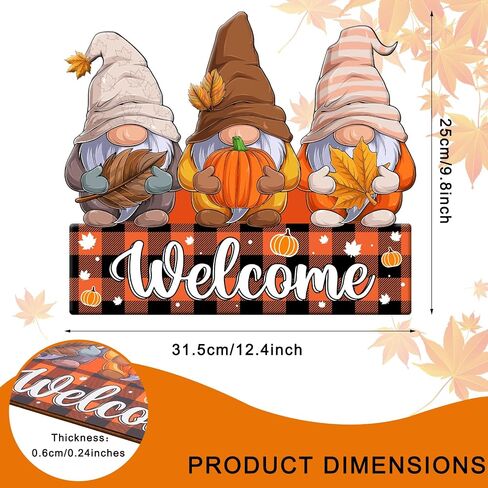 AnyDesign Fall Welcome Door Sign Decor Autumn Gnomes Hanging Sign Plaid Pumpkin Maple Leaves Wooden Signs Rustic Decorative Wall Plaque for Thanksgiving Harvest Front Door Yard Farmhouse Home Decor in Saudi Arabia