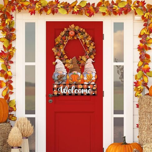 AnyDesign Fall Welcome Door Sign Decor Autumn Gnomes Hanging Sign Plaid Pumpkin Maple Leaves Wooden Signs Rustic Decorative Wall Plaque for Thanksgiving Harvest Front Door Yard Farmhouse Home Decor in Saudi Arabia