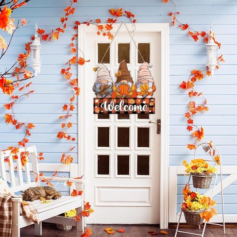 AnyDesign Fall Welcome Door Sign Decor Autumn Gnomes Hanging Sign Plaid Pumpkin Maple Leaves Wooden Signs Rustic Decorative Wall Plaque for Thanksgiving Harvest Front Door Yard Farmhouse Home Decor in Saudi Arabia