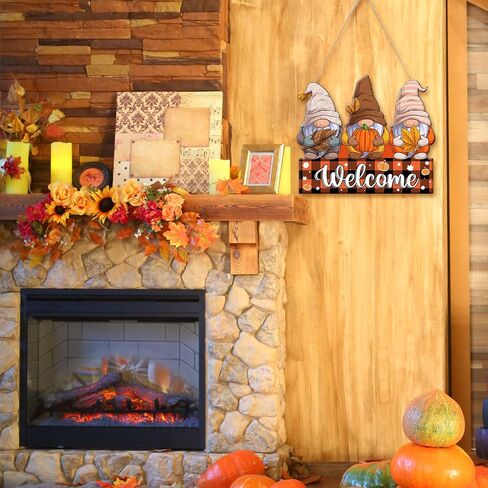 AnyDesign Fall Welcome Door Sign Decor Autumn Gnomes Hanging Sign Plaid Pumpkin Maple Leaves Wooden Signs Rustic Decorative Wall Plaque for Thanksgiving Harvest Front Door Yard Farmhouse Home Decor in Saudi Arabia