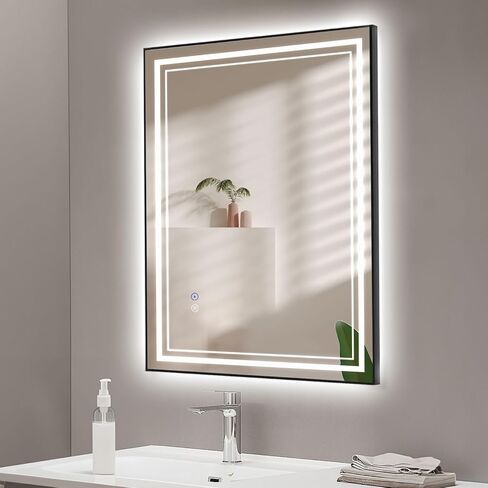 SaniteModar مرآة حمام LED سوداء مقاس 32 × 24 بوصة، مرآة حمام مضاءة بإطار أسود للجدار، مضادة للضباب، مرآة LED مضاءة 3 ألوان قابلة للتعتيم، مرآة مكياج مثبتة على الحائط مع لمسة in Saudi Arabia