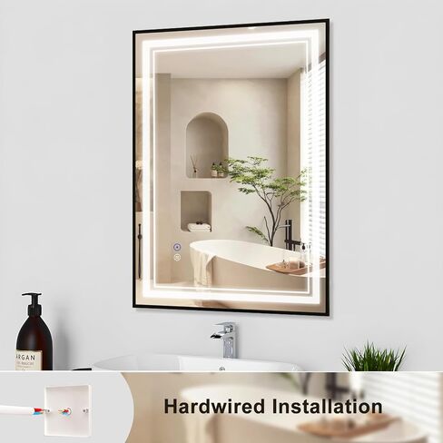 SaniteModar مرآة حمام LED سوداء مقاس 32 × 24 بوصة، مرآة حمام مضاءة بإطار أسود للجدار، مضادة للضباب، مرآة LED مضاءة 3 ألوان قابلة للتعتيم، مرآة مكياج مثبتة على الحائط مع لمسة in Saudi Arabia