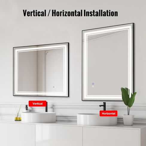 SaniteModar مرآة حمام LED سوداء مقاس 32 × 24 بوصة، مرآة حمام مضاءة بإطار أسود للجدار، مضادة للضباب، مرآة LED مضاءة 3 ألوان قابلة للتعتيم، مرآة مكياج مثبتة على الحائط مع لمسة in Saudi Arabia