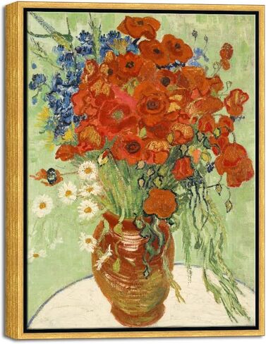 Wieco Art Framed Wall Art of Red Poppies and Daisies by Vincent Van Gogh Paintings Reproduction Abstract Canvas Prints for Home Living Room Decorations Bronze Gold Frame in Kuwait