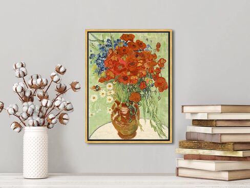 Wieco Art Framed Wall Art of Red Poppies and Daisies by Vincent Van Gogh Paintings Reproduction Abstract Canvas Prints for Home Living Room Decorations Bronze Gold Frame in Kuwait