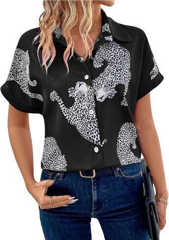 WDIRARA Women's Leopard Print Button Down Blouse Short Sleeve Collared Casual Shirt Top in Saudi Arabia