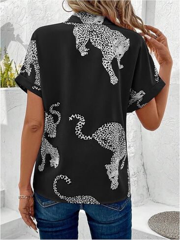 WDIRARA Women's Leopard Print Button Down Blouse Short Sleeve Collared Casual Shirt Top in Saudi Arabia
