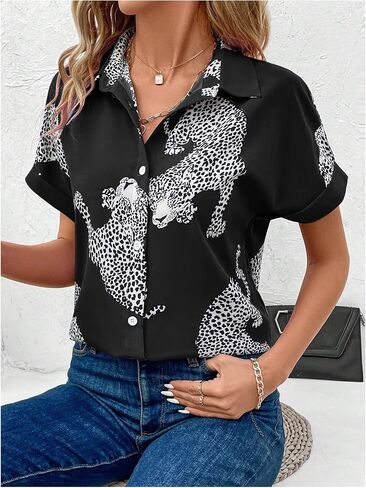 WDIRARA Women's Leopard Print Button Down Blouse Short Sleeve Collared Casual Shirt Top in Saudi Arabia
