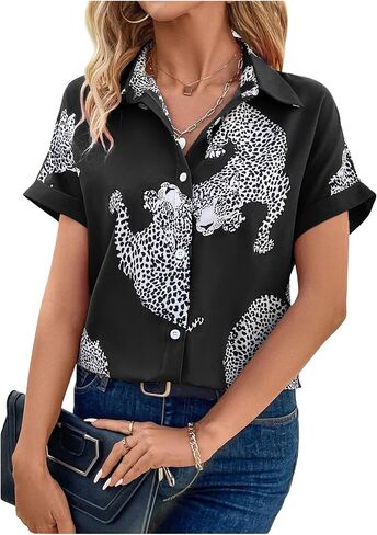 WDIRARA Women's Leopard Print Button Down Blouse Short Sleeve Collared Casual Shirt Top in Saudi Arabia