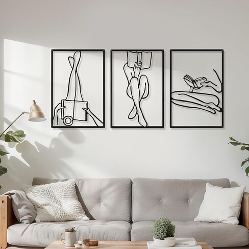 CHENGU 3 Pieces Metal Minimalist Abstract Woman Wall Art Line Drawing Wall Art Decor Single Line Female Home Hanging Wall Art Decor for Kitchen Bathroom Living Room (Black,Bath) in Saudi Arabia