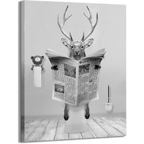 Funny Deer Bathroom Wall Decoration Black and White Canvas Deer in Bathroom Decoration Pictures Humorous Animal Bathroom Wall Art Printed Country Farmhouse Style Wall Decoration Ready Frame Hanging
