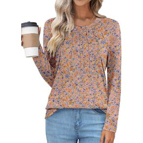 UEU Womens Long Sleeve Tops Crew Neck Casual Pleated T Shirts Fashion Dressy Tunic Blouses