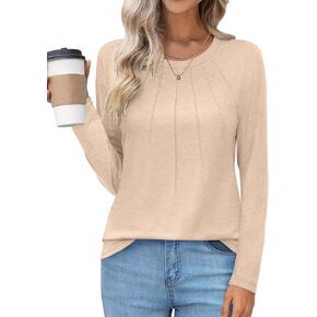 UEU Womens Long Sleeve Tops Crew Neck Casual Pleated T Shirts Fashion Dressy Tunic Blouses
