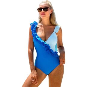 WDIRARA Women's Ruffle Trim Color Block Deep V Neck Tummy Control One Piece Swimsuit