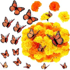 74 Pcs Marigold Flowers Heads and Monarch Butterfly Decorations 24 Pcs Butterflies for Crafts 50 Pcs Orange Flowers DIY Artificial Marigold Flowers for Halloween Fall Wedding Party(Orange Yellow)