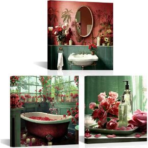 LoveHouse Bathroom Canvas Wall Art Red Bathtub Bathroom Decor Vintage Burgundy Painting Prints