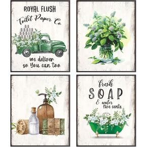 Green Bathroom Wall Decor Funny Bathroom Wall Art Poster, Green Leaf Pictures For Bathroom Decor, Nature Wall Art Rustic Bathroom Wall Decor, Country Farmhouse Bathroom Signs Decor Set Of 4 8x10