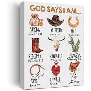 Inspirational God Says I Am Cowboy Western Poster Canvas Wall Art for Home Decor Christian Bible Verses Wild West Canvas Print Painting Ready to Hang Gifts - Easel & Hanging Hook 12x15 Inch