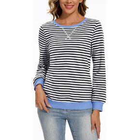 WANGZHI المرأة Crewneck اللون كتلة مخطط عارضة البلوز فضفاض كم طويل البلوز قمصان قمم 2024
