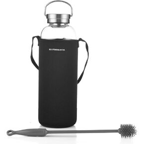 DE.KITCHEN&HIFUN Glasss Water Bottle 64oz, Large Borosilicate Glass 2L for Juice, Glass Water Bottle with Steel Cap Filter