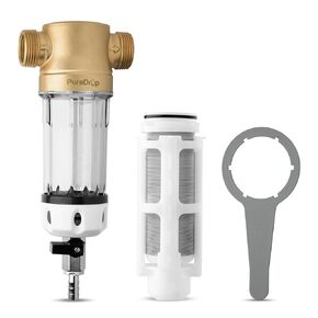 PDR-100WSP Spin Down Sediment Filter, Reusable Whole House Sediment Water Filter for Well Water, 100-Micron Flushable Prefilter Filtration System with Scraper, 1" MNPT + 3/4" FNPT