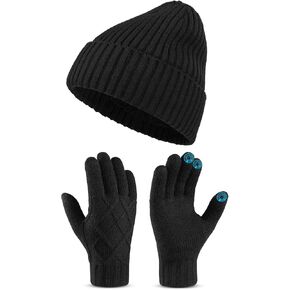 Winter Gloves Beanie Hat Set: Knit Fleece Lined Soft Skull Cap Touchscreen Gloves for Women
