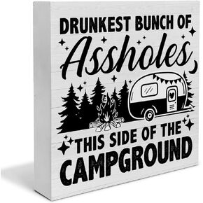 Funny Camping Theme Wooden Box Sign Camper Campground RV Desk Decorative Wooden Sign Camping Decor for Desk Table Shelf 5 x 5 Inches