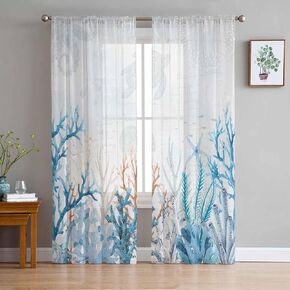 Coastal Blue Coral Sheer Curtains 84 Inch Length 2 Panels Set for Living Room/Bedroom, Semi Curtain Sheers Drapes Rod Pocket Curtains Window Treatment Set 52x84x2 Vintage Summer Octopus Starfish Shell
