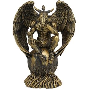Ebros Gift Sabbatic Goat The Thinker Baphomet Sitting On The Globe Statue 7.75" Tall Baphometh with Pentagram Star Idol Altar Figurine Golden Calf Goat of Mendes Decorative Sculpture