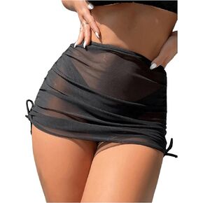 Women's Drawstring Ruched Bathing Suit Cover Up Skirts Sheer Mesh Swimsuit Coverup