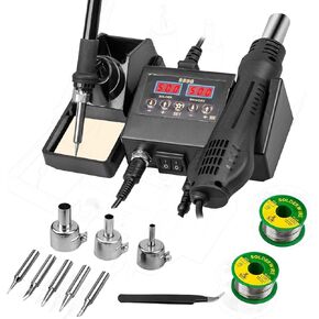 14pcs Soldering Station, 2 in 1 Hot Air Functions Digital Display Soldering Iron Soldering Kit, 8898 Portable SMD Rework Station, ºC/ºF Cool/Hot Air Conversion and Auto Sleep