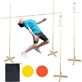 Wooden Limbo Game&Flying Disc Toss Game 2 in 1 Game Set,5ft Tall Limbo Stick Set Limbo Kit for Adults Family,Backyard Games Lawn or Outdoor Games - with Portable Bag,Easy to Set Up and Play Anywhere