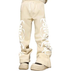 OYOANGLE Men's Letter Print Drawstring Elastic Waisted Sweatpants Wide Leg Baggy Jogger Pants Streetwear