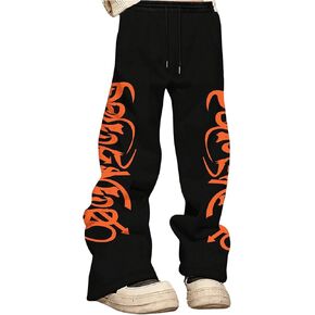 OYOANGLE Men's Letter Print Drawstring Elastic Waisted Sweatpants Wide Leg Baggy Jogger Pants Streetwear