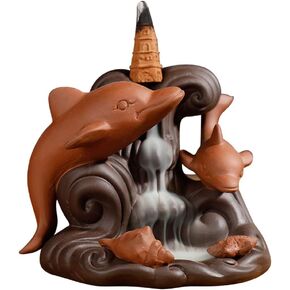 Backflow Incense Waterfall Burner, Cute Cone Holder Dolphin Decor Purple Clay Smoke Fountain Aromatherapy Ornamental with 10 Incense Cone Gift for Home Room Office Desk Indoor Meditation Yoga