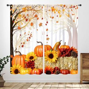 Fall Pumpkin Curtain,Autumn Thanksgiving Watercolor Teal Pumpkin Patterned Window Drapes Treatments,Country Farm Harvest Boho Botanical Leaves Bedroom Living Room Kitchen Curtains,55X39 Inch