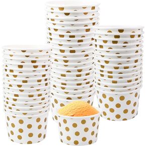 50 Pcs 9oz Paper Ice Cream Cups, Disposable Dessert Bowls for Hot or Cold Food, Party Supplies Treat Cups for Sundae, Frozen Yogurt, Soup,Golden Dots
