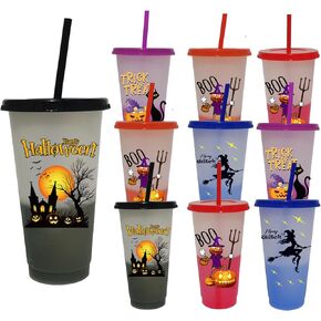 10pack/set 24oz Halloween Color Changing Cups with Lids and Straws - Halloween Decorations Indoor Home, 710ml Plastic Tumblers Bulk, Reusable Cup, Trick or Treat Candy Halloween Christmas Party Favors