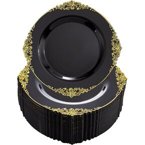 Nervure 100PCS White and Gold Plastic Plates - 10.25Inch Gold Disposable Plates - Heavyweight Gold Dinner Plates for Wedding & Party