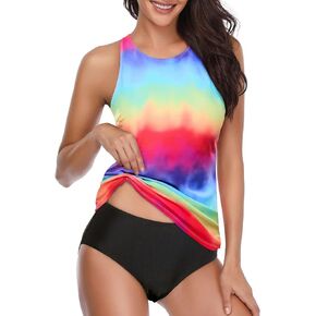 Holipick Rainbow Tankini Bathing Suits for Women High Neck Tankini Top with Bikini Bottom Tummy Control Two Piece Swimsuit L