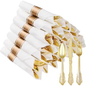 100 Pack Gold Plastic Silverware with Pre Rolled Napkins for 100 Guests, Heavyweight Gold Disposable Utensils Sets Includes 300 Plastic Cutlery, and 100 Napkins for Wedding & Party