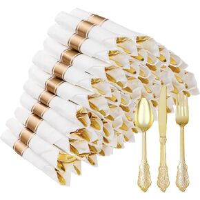 100 Pack Gold Plastic Silverware with Pre Rolled Napkins for 100 Guests, Heavyweight Gold Disposable Utensils Sets Includes 300 Plastic Cutlery, and 100 Napkins for Wedding & Party