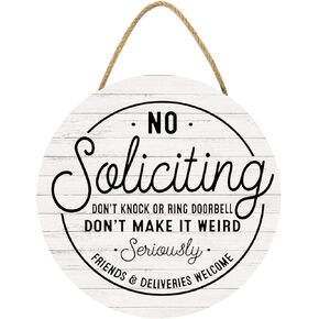 KPSheng No Soliciting Hanging Sign, No Soliciting Please Do Not Knock Door Wood Sign for All Seasons Home Front Porch Door Decoration with Buffalo Plaid Bow,11inch by 11inch