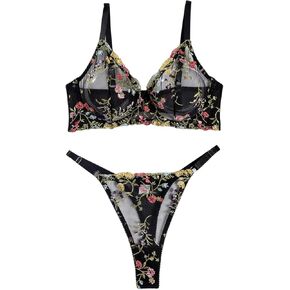 WDIRARA Women's Plus Size 2 Piece Floral Embroidery Mesh Sheer High Cut Lingerie Set