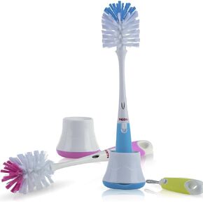 Nuby Bottle and Nipple Brush with Soft Bristles | 2 Pack: Blue & Grey or Pink & Lime | Accessory Cleaning Brush and Drying Stand
