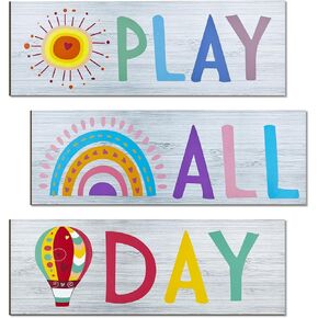 JEKEJIAJIU Play All Day Sign Play All Day Wall Decor Playroom Decor Word Art Wall Decor Kids Plaques Room Decor Reading Book Nook Children Quotes Wall Decor Home Decor